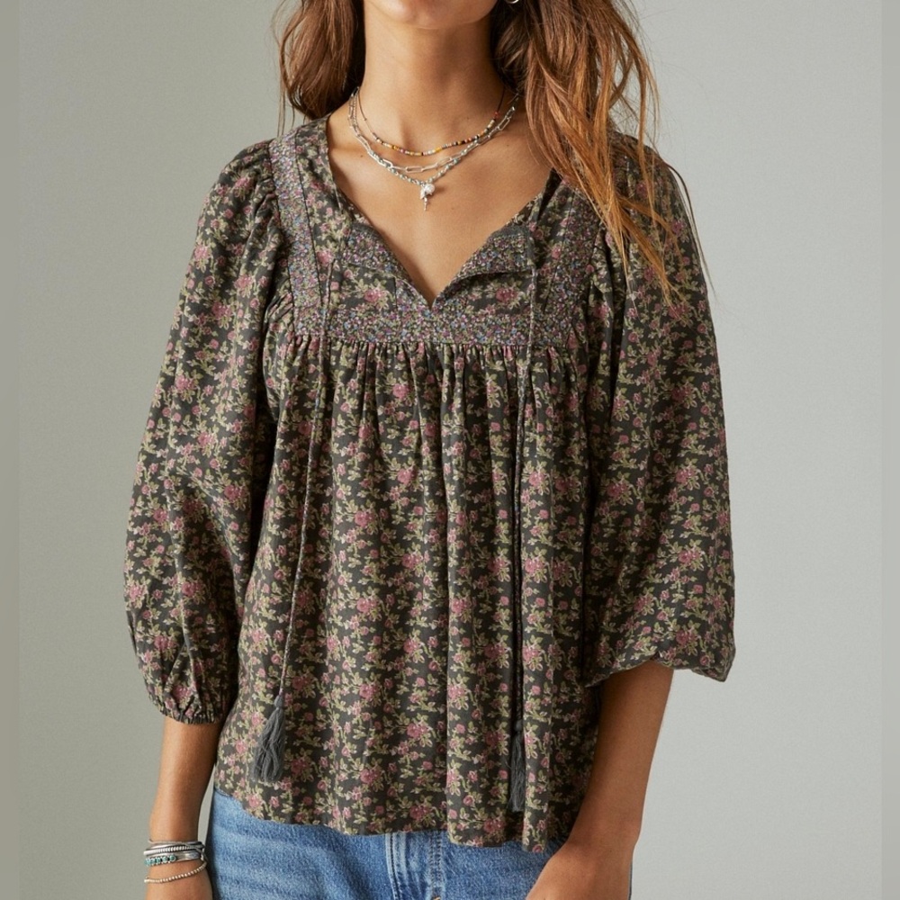 LUCKY BRAND Women’s Long Sleeve Mix Print Peasant Blouse-Black Multi-Size Small - Picture 9 of 12